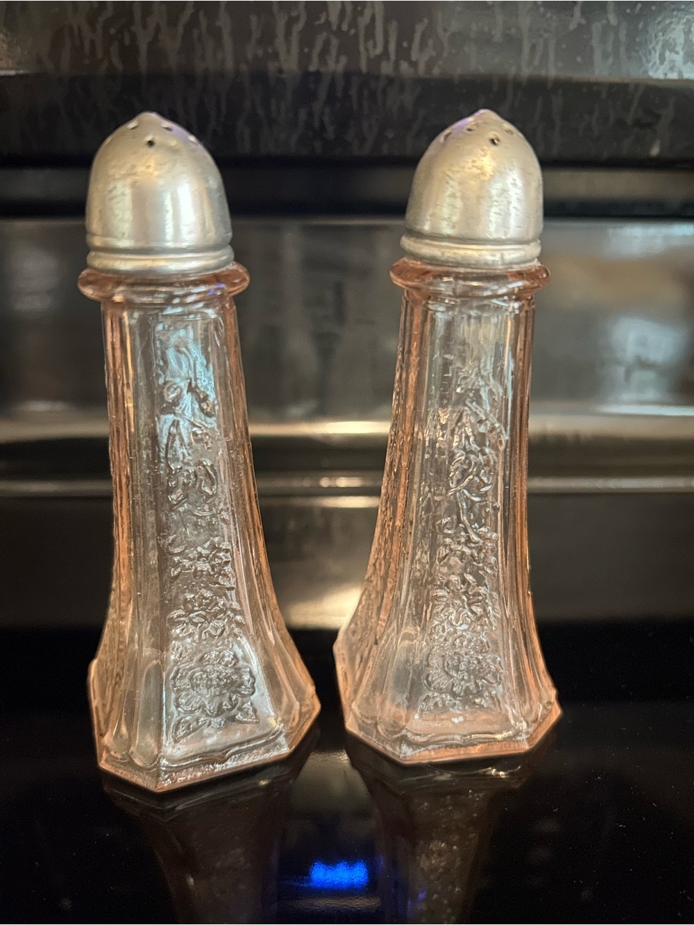 Vintage Pink Depression Glass Salt & Pepper Shakers Embossed Floral Metal Lids